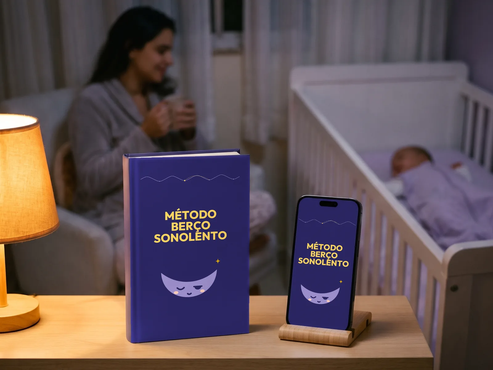 Livro e celular com o Método Berço Sonolento na mesa de cabeceira, com a mãe tranquila e o bebê dormindo no berço ao fundo