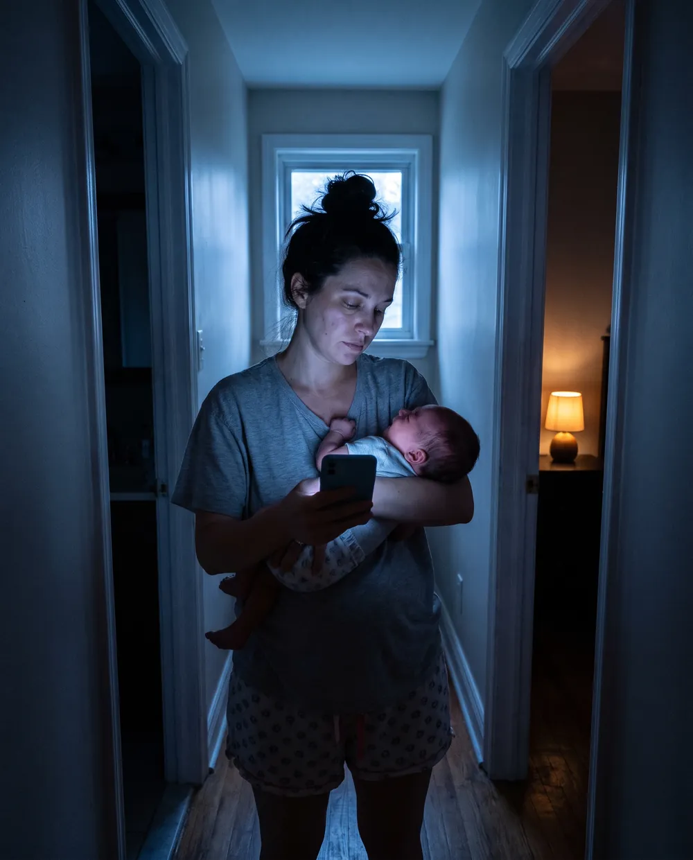 Mãe cansada ninando o bebê no corredor de madrugada, com o celular no brilho mínimo