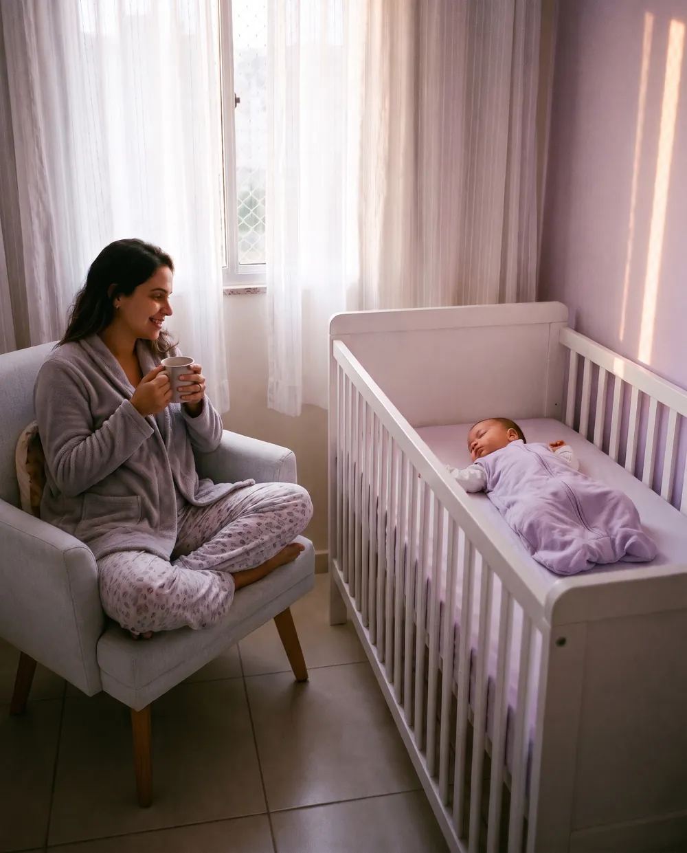 Mãe descansada tomando café pela manhã, olhando o bebê que dorme de barriga para cima no berço